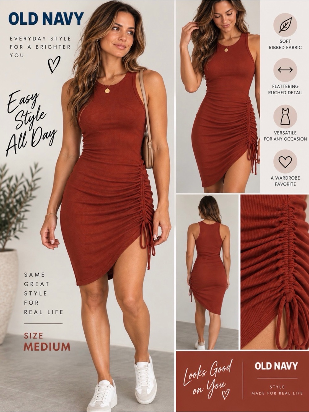 Old Navy Rust Asymmetrical Ruched Tank Dress
